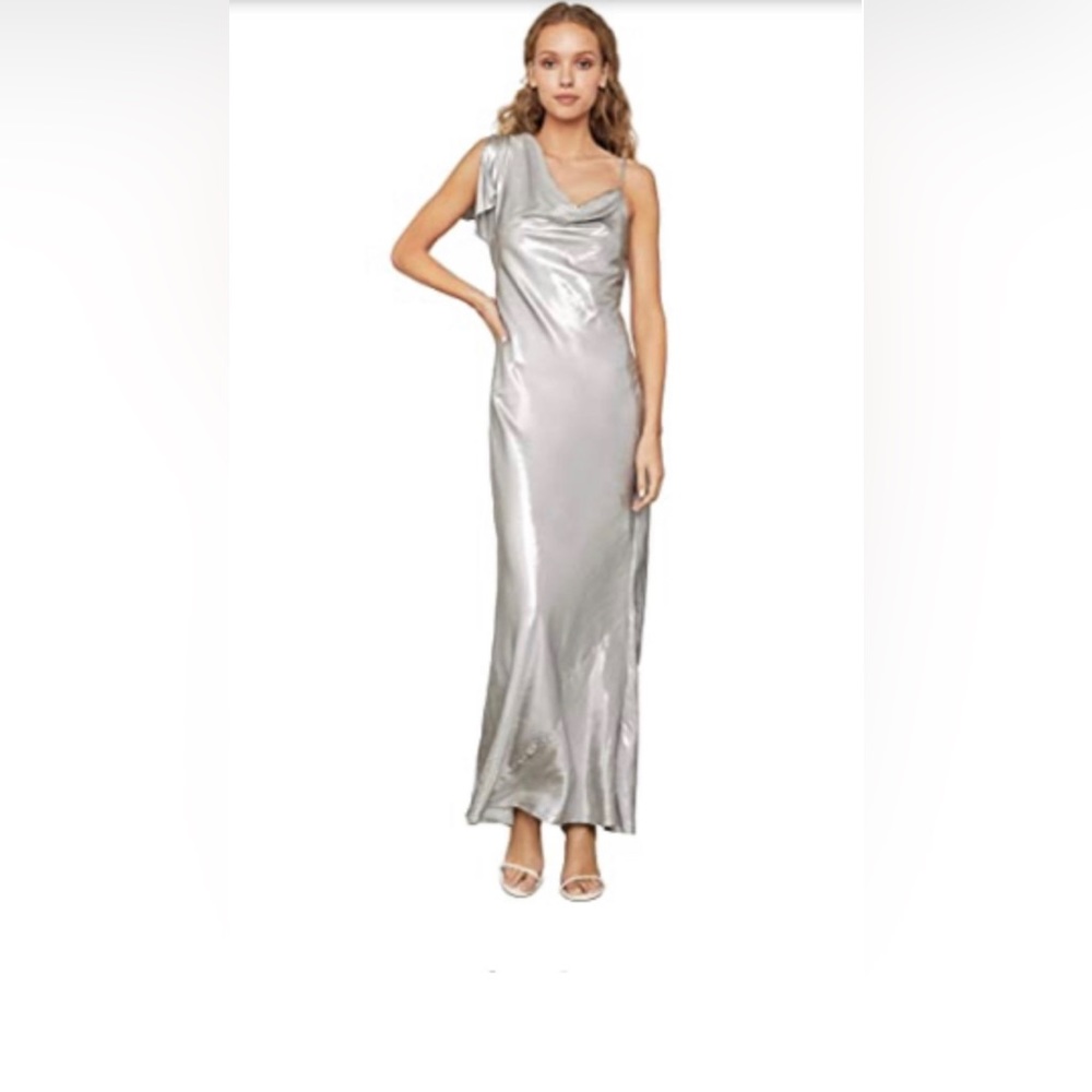 NWT BCBG MAXAZRIA Metallic Satin One-Sleeve Gown Silver XXS